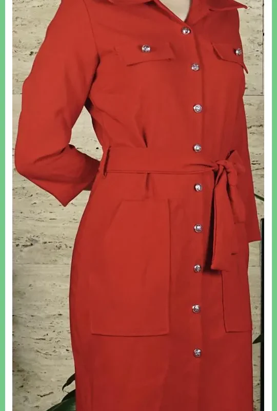 Női elegáns gombos ruha, piros taskatar-hu 2